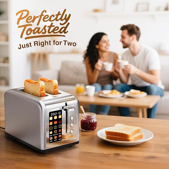 2 Slice Touch Screen Toaster, Stainless Steel Toaster with Wide Slots for Bagels and Bread, Reheat/Defrost/Cancel Functions, Removable Crumb Tray, Silver