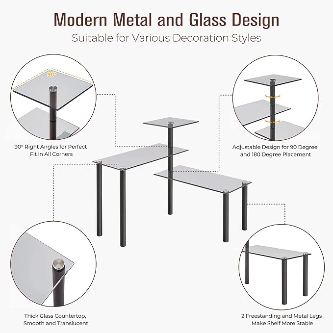 FAVOOSTY Kitchen Counter Shelf, 3 Tier Bathroom Countertop Organizer Moveable Corner Shelf, Tempered Glass Storage Shelf, Space Saving Makeup Organizer Spice Rack Plant Shelf Coffee Bar Dresser Table