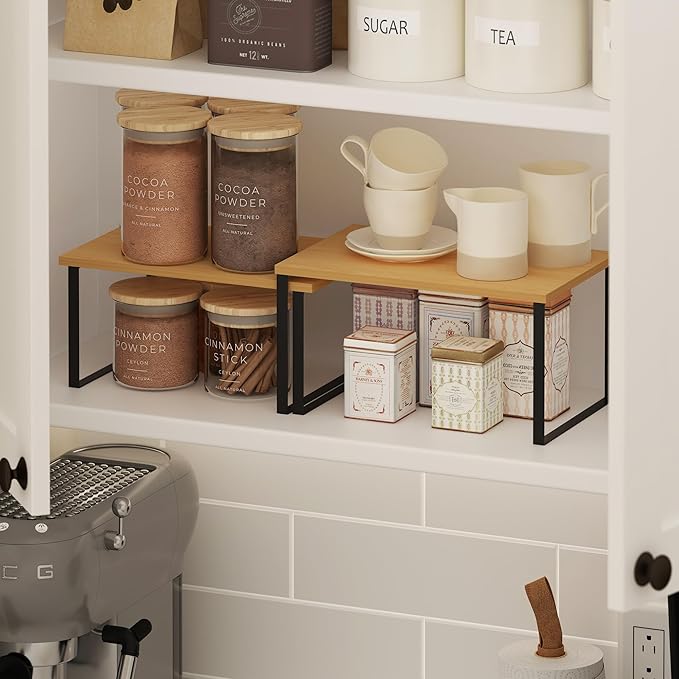 Furinno Ravel Multipurpose Expandable, Stackable Kitchen Counter Shelves, Set of 2, Beech/Black