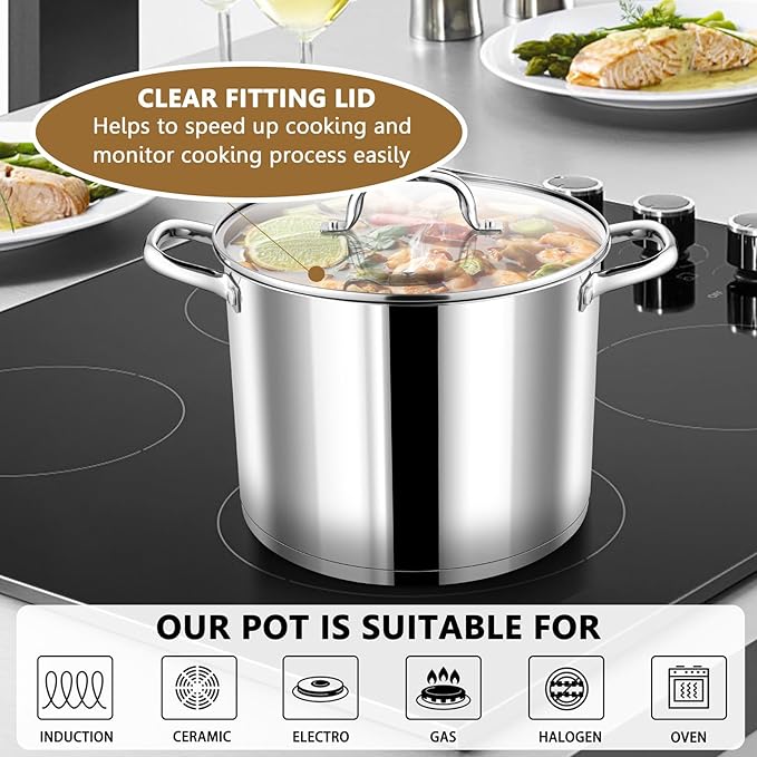 P&P CHEF 10 Quarts Cooking Stock Pot with Lid, Stainless Steel Stockpot Induction Pot for Soup, Tri-Ply Bottom & Clear Glass Lid & Double Handle, Dishwasher Safe