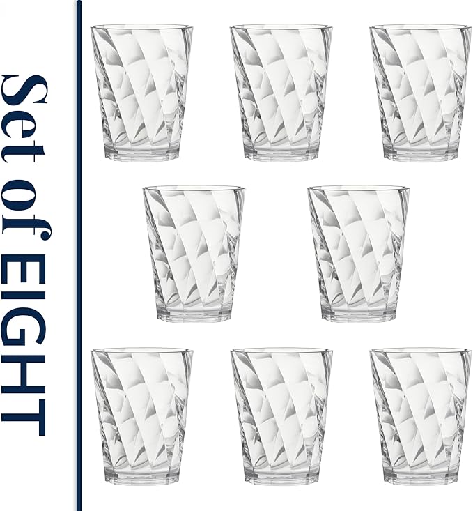 US Acrylic Optix Plastic Reusable Drinking Glasses (Set of 8) 14oz Rocks Cups in Clear | BPA-Free Tumblers, Made in USA | Top-Rack Dishwasher Safe