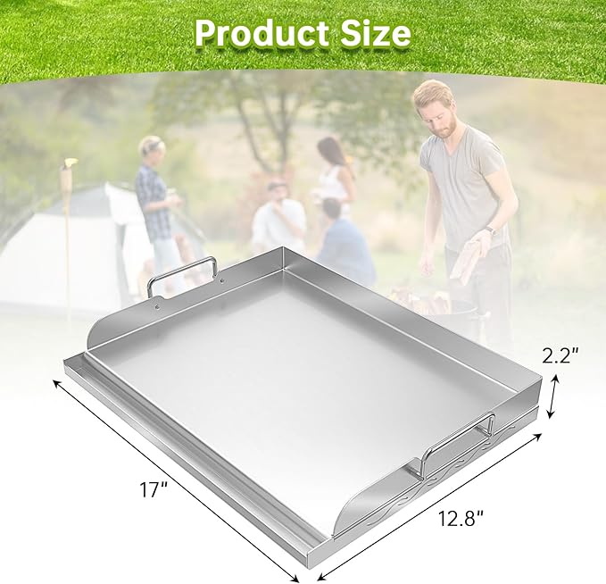 Universal Stainless Steel Griddle Flat Top Plate with Even Heating Bracing for BBQ Charcoal and Gas Grills, Camping, Tailgating, and Parties,with Grease Groove and Removable Handles (17" x 13")
