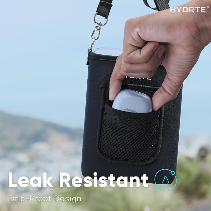 Travel Water Bottle | Flat With Strap | Leak Proof Slim for Travel | BPA Free Flask | Ultimate Square With Sleeve 18 oz (Nero Black)