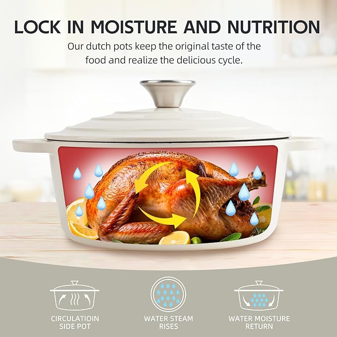 6 Quart Dutch Oven Enameled Cast Iron with Lid - Big Dual Handles - Oven Safe up to 500°F - Classic Round Pot for Versatile Cooking (Cream, 6 QT)