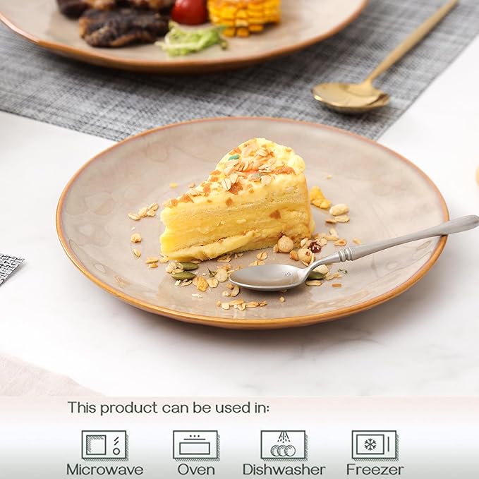 vicrays Ceramic Dessert Salad Plates, 8 Inch, Set of 6, Round, Microwave, Oven, and Dishwasher Safe, Scratch Resistant, Porcelain Fluted Suitable for Snacks, Appetizer, Home, Restaurant (Beige)