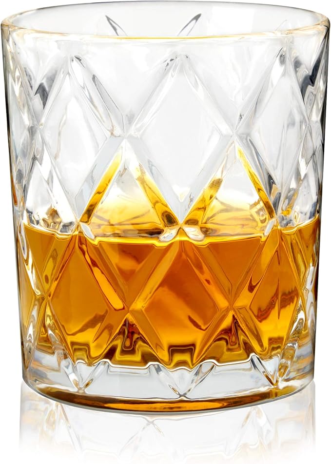 TRUE Diamond Crystal Scotch Bourbon Whiskey Glasses, Old Fashioned Glasses Drinking Set, Whiskey Tumblers, Premium Bar Glassware Set of 4, 11 oz