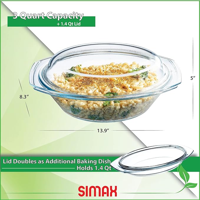 Simax Clear Oval Shaped Glass Casserole with Tight Fitting Lid – Heat, Cold and Shock Proof – Made in Europe – Oven, Freezer and Dishwasher Safe – 3 Quart (Plus 1.4 Quart Lid) Glass Baking Dish