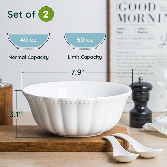 Pasta Bowls, 8 Inch Oatmeal Bowls, Kitchen Bowl Set, Mixing bowl Set, Salad bowl, Microwave and Dishwasher Safe, Set of 2