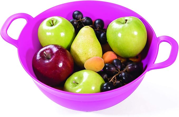 Mintra Home Plastic Strainer Colanders Set: 3, 3.5 and 5 Quart (Fuchsia) Double Strong Handles and Deep Bowl, Safe BPA-Free - Use for Pasta, Noodles, Spaghetti, Vegetables (Assorted Sizes 3pk)