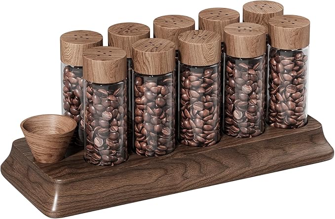 Single Dose Coffee Bean Storage Tubes Coffee Storage Container with One-Way Exhaust Valve,Coffee Bean Cellar 10 Pcs Dosing Glass Vials (2 Oz) Walnut Wood Stand Funnel And Lids