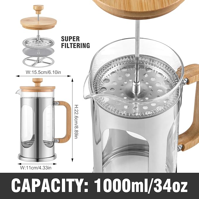 Sivaphe No-Plastic French Press Coffee Maker 34 oz, Borosilicate Glass Bamboo Lid and Handle Coffee Tea Press 8 cup, 1000ml Coffee Milk Forther with Stainless Steel Holder and Resuable Filters