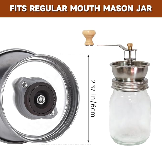 Manual Coffee Grinder Lid Attachment for Regular Mouth Mason Jars, Stainless Steel with Ceramic Burr, Ideal for Camping & Home Barista