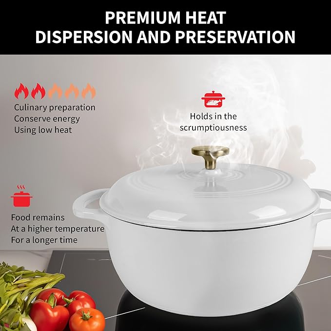 5.5 Quart Enameled Cast Iron Dutch Oven with Lid – Heavy-Duty Cookware for Bread, Braising, and Stews – Dual Handles, Oven Safe to 500°F – Ideal for Stovetop & Oven Cooking (White, 5.5QT)