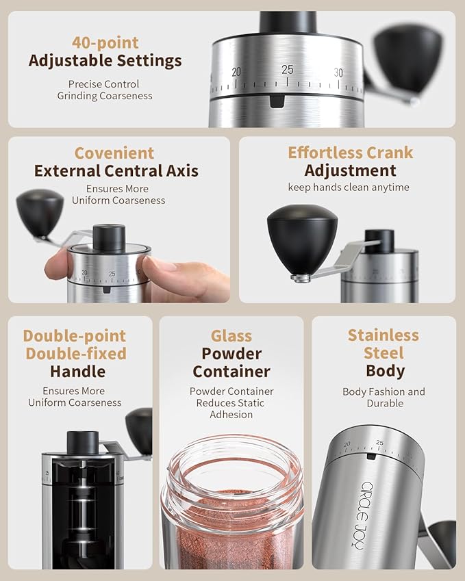 CIRCLE JOY Portable Manual Coffee Grinder with Ceramic Conical Burr and 40 External Adjustable Settings, Stainless Steel Hand Coffee Grinder for Camping, Travel and Espresso, Silver