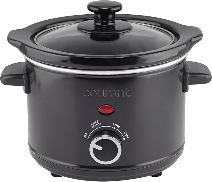 Courant Small Slow Cooker 1.6 QT, 3 Heat Settings, Removable Ceramic Pot" Easy Clean, Dishwasher Safe, Mini Slow Cooker, Black Stainless