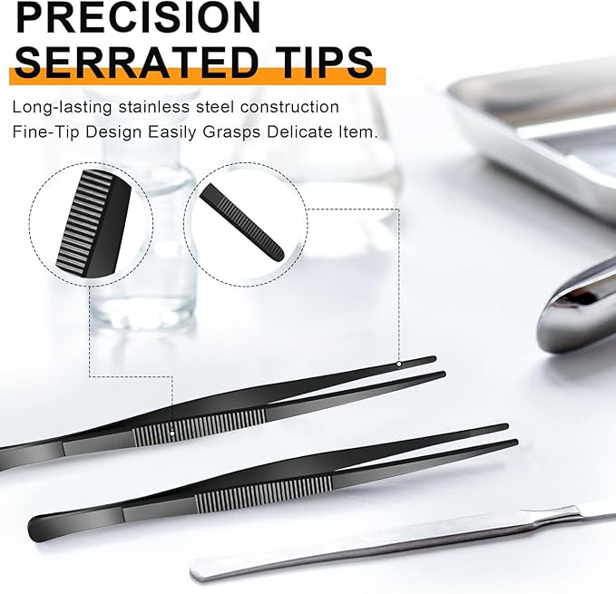 Yaomiao 4 Packs 10 Inch Bar Tweezers Black Long Garnish Tongs Stainless Steel Kitchen Cooking Tongs Tweezers for Food Cocktail Korean BBQ Bartender Chef, Multi-use