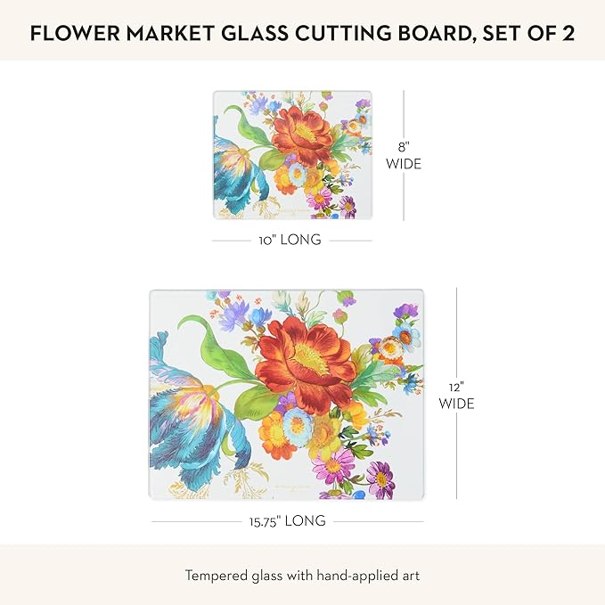 MACKENZIE-CHILDS Tempered Glass Cutting Board, Large Countertop Cutting Board, Flower Market, Set of 2