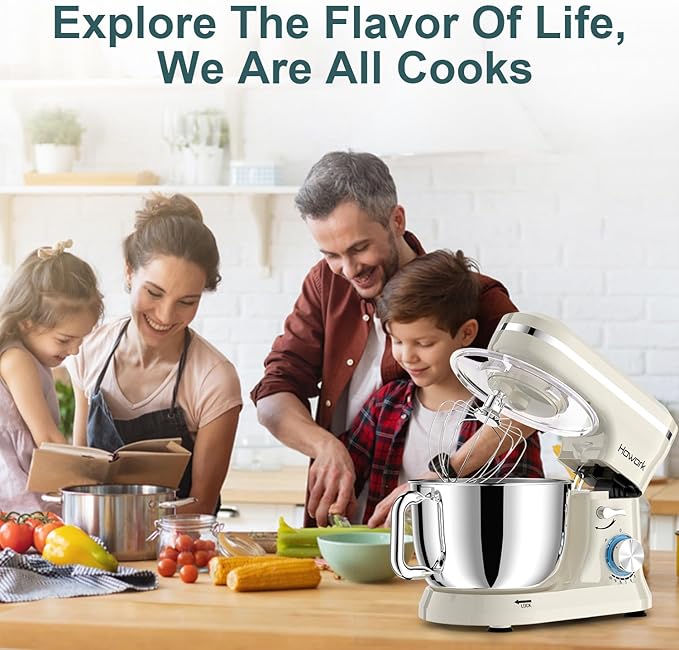 HOWORK Electric Stand Mixer,10+p Speeds With 6.5QT Stainless Steel Bowl,Dough Hook, Wire Whip & Beater,for Most Home Cooks,Cream White