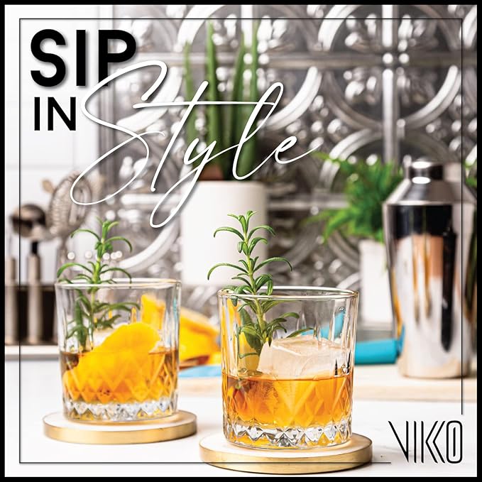 Vikko Whiskey Glasses, Set of 12 Old Fashioned Glasses, Crystal Style Glass Tumblers, 11.25 Ounce Capacity, Elegant Design, Dishwasher Safe