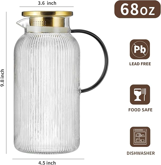2 PACK Glass Pitcher with Lid,68 oz/ 2 Liter Vertical Stripes Water Pitcher With Black Handle,Glass Water Carafe for Cold Brew,Coffee, Lemonade, Iced Sun Tea,Beverage, Milk Heat Resistant