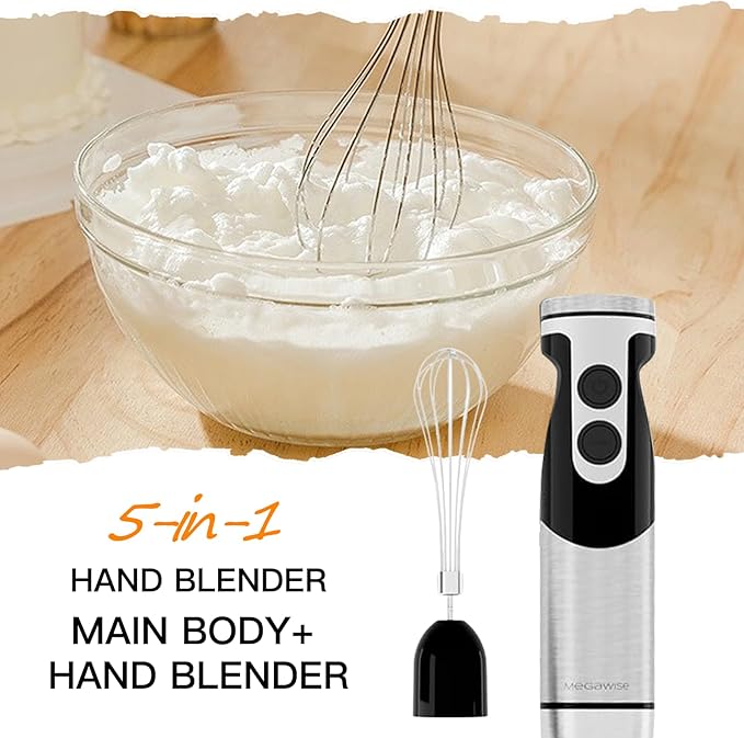 MegaWise Pro Titanium Reinforced 5-in-1 Immersion Hand Blender, Powerful Motor with 80% Sharper Blades, 12-Speed Corded Blender, Including 500ml Chopper, 600ml Beaker, Whisk and Milk Frother (Black)