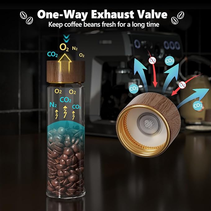 Single Dose Coffee Bean Storage Tubes with One-Way Exhaust Valve,Coffee Bean Container with American Walnut Wood Base,Funnel and Lids,Espresso Bean Storage with 8Pcs Glass Tubes