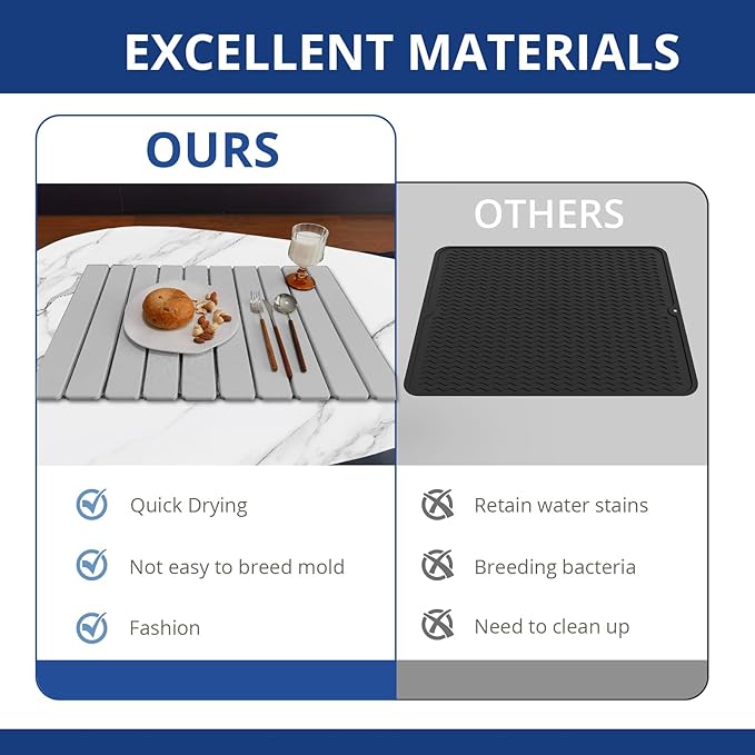 Large Stone Dish Drying Mat for Kitchen Counter, 24"×16" Quick Dry Collapsible Diatomaceous Earth Mat – Super Absorbent Foldable Drying Pad for Dishes (Light Gray, 23.2" x 15.4")