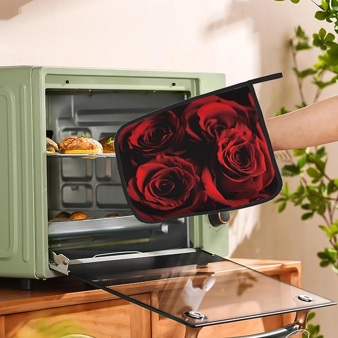 2PCS Rose Pot Holder with Loop,Abstract Red Black Rose Heat Resistant Oven Pads, Hot Pat for Kitchen Cooking Baking Food