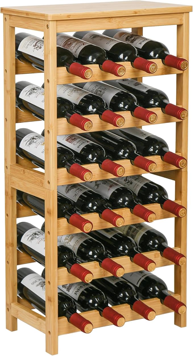 VASMIA Wine Rack Free Standing Floor, 6-Tier Display Wine Storage Shelves with Table Top, 24-Bottle Bamboo Wine Rack Shelf for Kitchen Bar Dining Room Living Room, Natural