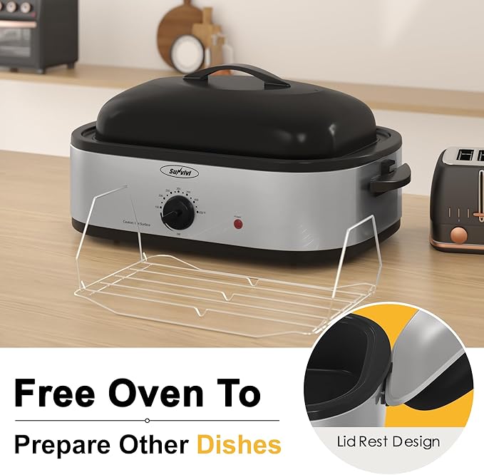 Sunvivi 14-Quart Roaster Oven with Self-Basting Lid, Electric Turkey Roaster Oven with Removable Pan and Rack, Stainless Steel, Silver