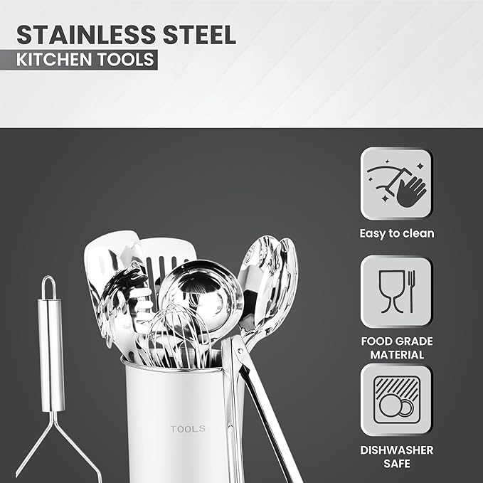 Avador® Premium Set of 10 Stainless Steel (WHITE HOLDER) Kitchen Tool Set with Holder Easy To Clean, Space Saving, Great for Cooking, Baking, Prepping (WHITE)