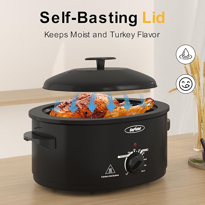 Sunvivi 8-Quart Roaster Oven with Self-Basting Lid, Electric Turkey Roaster Oven with Removable Pan and Rack, Stainless Steel, Black