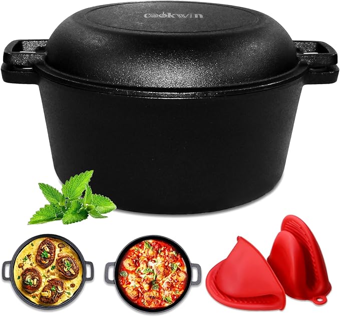 2-in-1 Dutch Oven,Cast Iron Dutch Ovens,Dutch Oven Pot,5.5 Quart Cast Iron Pots,Pre-Seasoned Dutch Oven with Pans Set,All-in-One Cookware Set for camping lodge or RV