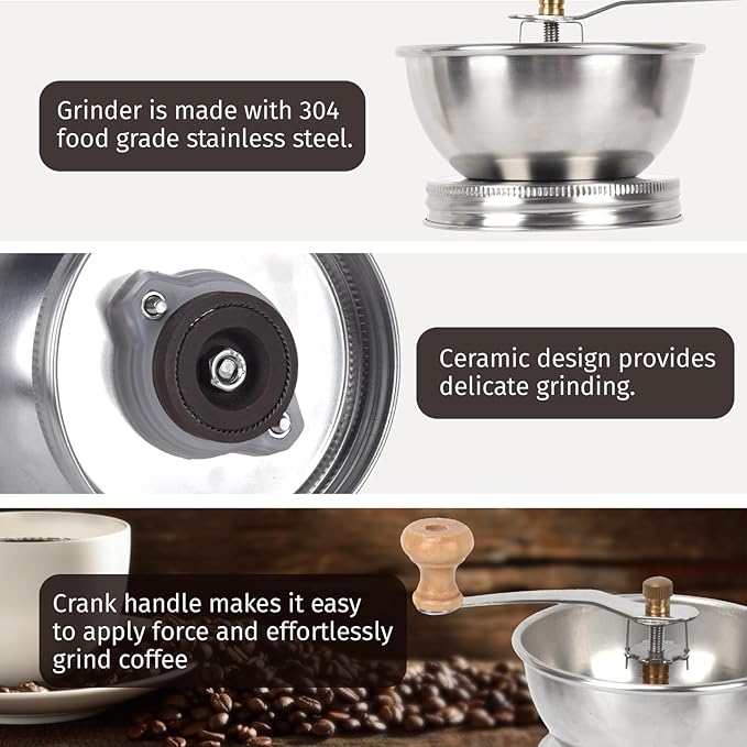Manual Coffee Grinder Lid Attachment for Regular Mouth Mason Jars, Stainless Steel with Ceramic Burr, Ideal for Camping & Home Barista
