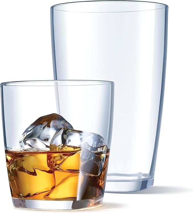 Glaver's Acrylic Drinking Glasses Set of 8 Reusable Modern Drinkware Set, 17 oz. Highball Glasses, 12 oz Whiskey Glass Cups.Unbreakable Square Glassware for Water Juice Cocktails