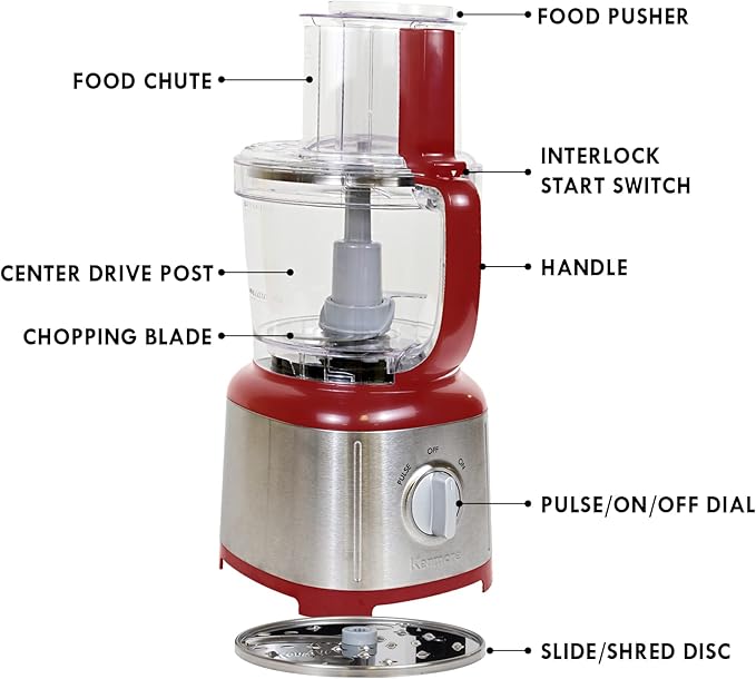Kenmore 11 Cup Food Processor - Vegetable & Fruit Salad Cutter, Multifunctional, Chopper, Clicer, Mincer, Puree, Grater, Blades, Shredder, Compact Stainless Steel Kitchen Appliances, 500 W Red