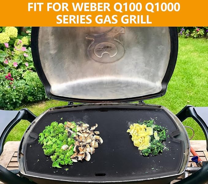 BBQ PLUS 7582 Cast Iron Cooking Griddle for Weber Baby Q Series Parts Weber Q1000 Grill Accessories Q100 Q120 Q1200 Sreies,Grill Griddle Replacement for Weber 386001 386002,16.7"x12.4" with Carry Bag