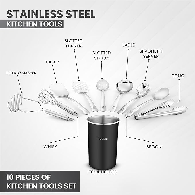 Avador® Premium Set of 10 Stainless Steel (BLACK HOLDER) Kitchen Tool Set with Holder Easy To Clean, Space Saving, Great for Cooking, Baking, Prepping (BLACK)