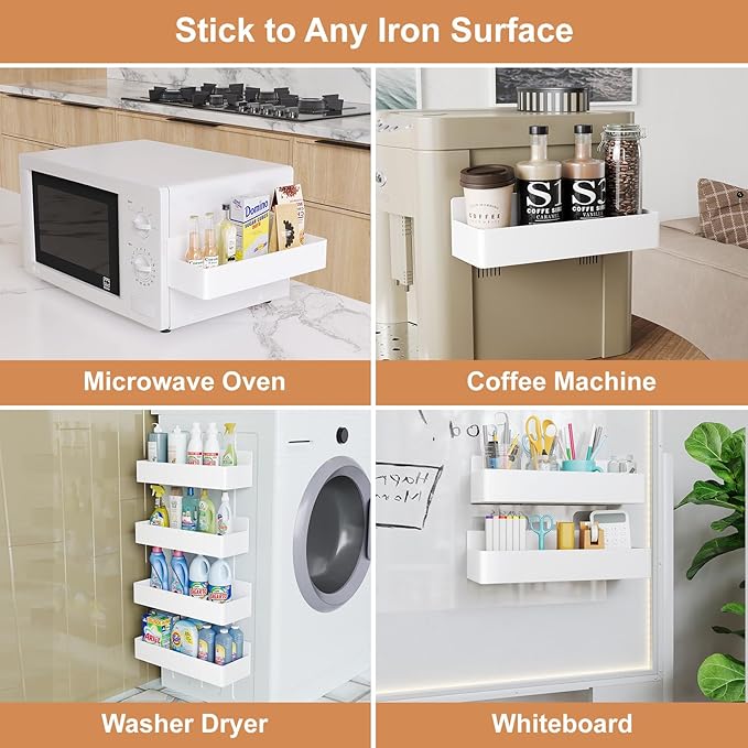 Magnetic Spice Rack for Refrigerator, Kitchen Organizer and Storage Shelf, White (4 Pack)…