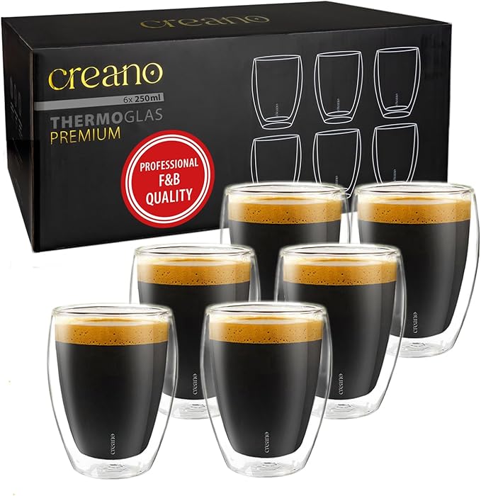 Creano Premium Double-Walled Drinking Glasses 12.5oz / 400 ml - Set of 6 - Professional Quality - 100% Dishwasher Safe (6x 9oz)