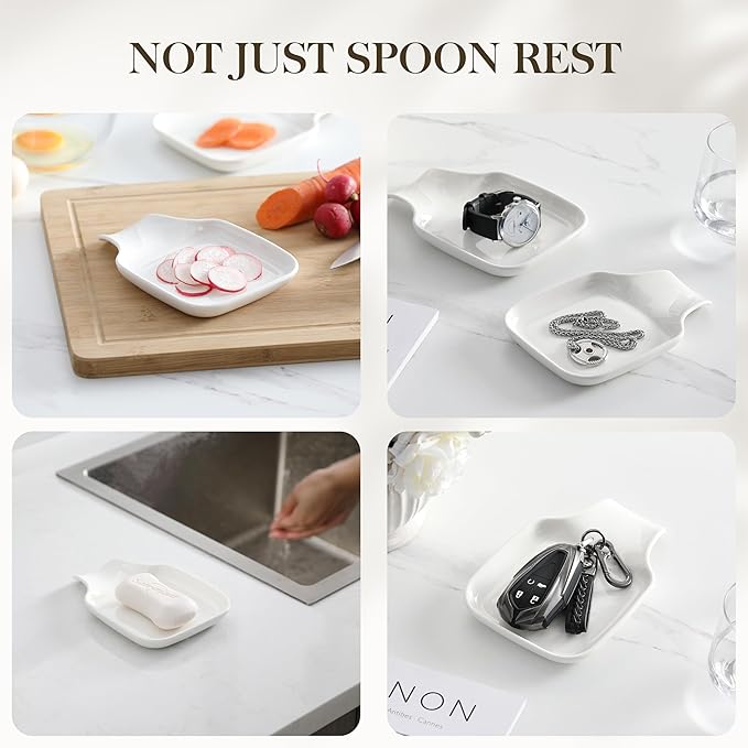 MALACASA Spoon Rest, Large Spoon Rests for Stove Top, Porcelain Spoon Holder for Kitchen Counter, Utensils Rests, Cooking Spoon Holders for Spatula Ladle Tongs, Ivory White, Series REGULAR