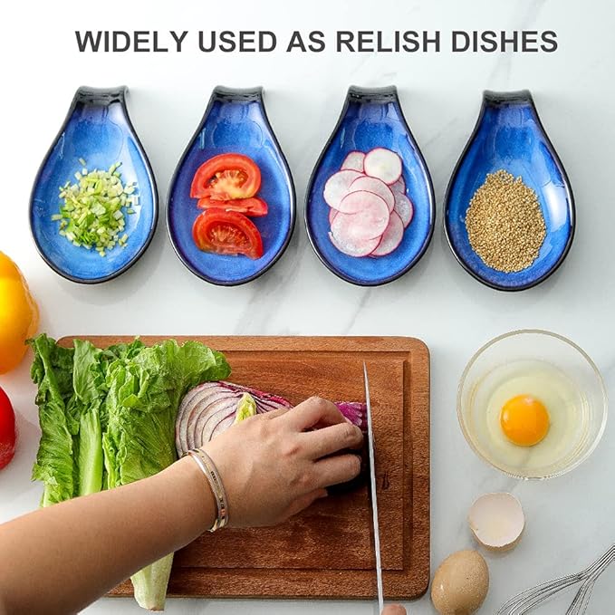 Nihow Ceramic Spoon Rest: 4 Inch Stable Utensil Rest - Heat Resistant Spoon Holder for Kitchen counter/Countertop/Stove Top - Dishwasher Safe - Elegant Black & Blue (Set of 2)