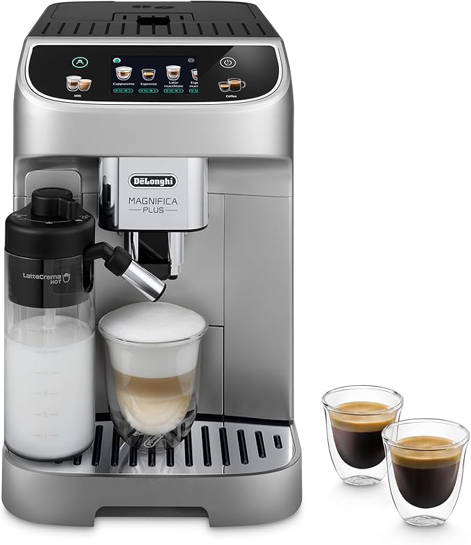 De'Longhi Magnifica Plus Fully Automatic Espresso Machine - Brew 18+ One Touch Coffee Recipes for up to 4 User Profiles, Automatic Milk Steam Wand & Built-in Grinder, Touchscreen Display