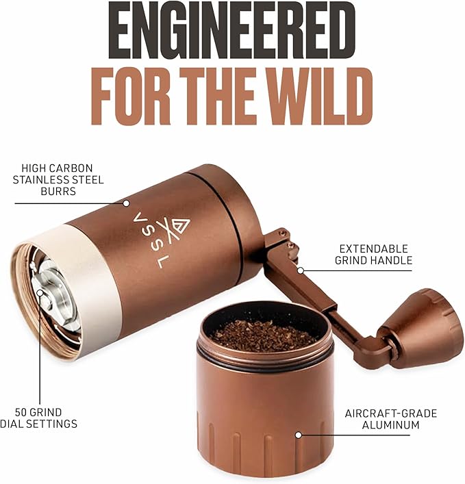 Java G25 Manual Coffee Grinder | Coffee for Camping | Bean Grinder | Travel Pour Over | Stainless Steel Conical Burr | ~ 25 Gram Capacity | Extendable Grind Handle | 50 Grind Settings | Bronze