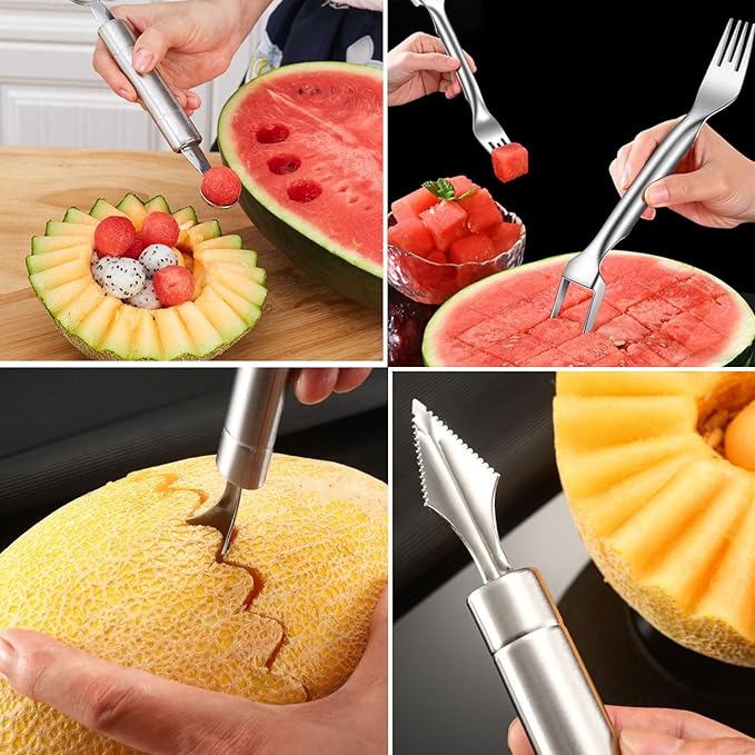 Watermelon Fork Slicer Cutter 2 in 1 & Melon Baller Scoop Set - Stainless Steel Fruits Cutter Kit, Fruit Carving Tools Watermelon Cube Cutter Slicer Tool for DIY Fruit Salads Melons Kitchen Gadget (3)