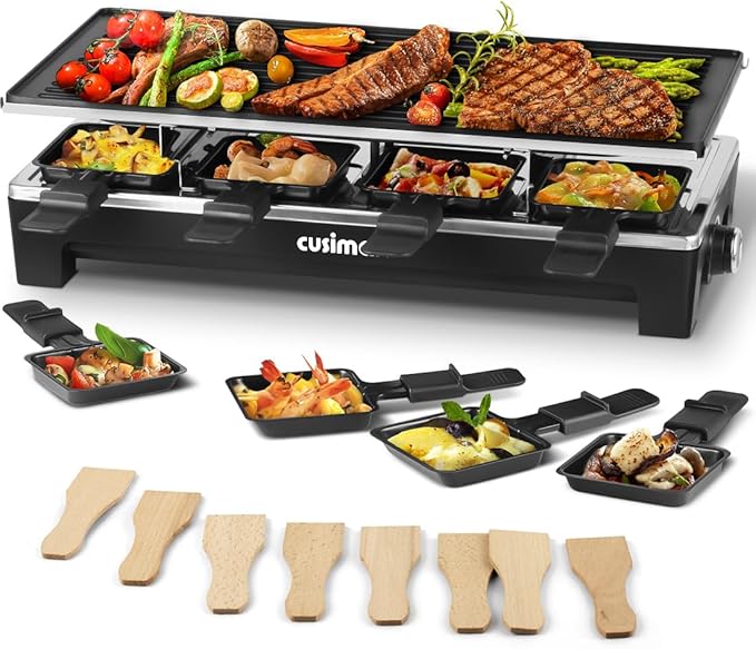 Raclette Table Grill, CUSIMAX Electric Grill, Indoor Grill Korean BBQ Grill With 2 in 1 Reversible Non-stick Plate, Crepe Maker with Adjustable temperature control, 8 Raclette Pans & Wooden Spatulas