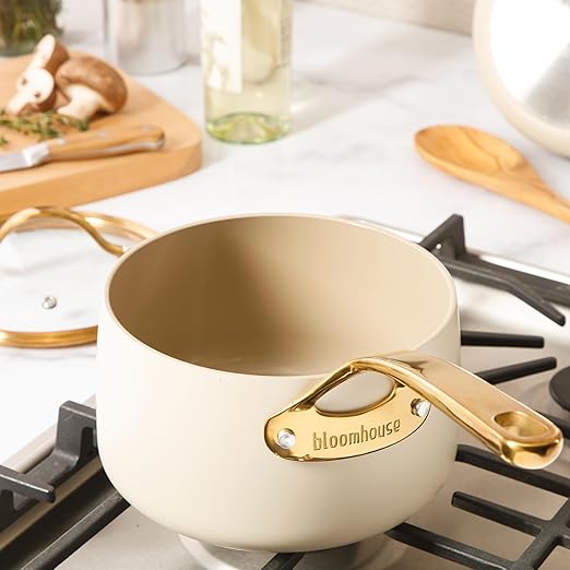 bloomhouse 3 Quart Heavy Duty Aluminum Premium PFA Free Ceramic Nonstick Saucepan with Lid - Almond Cream w/Gold Handle