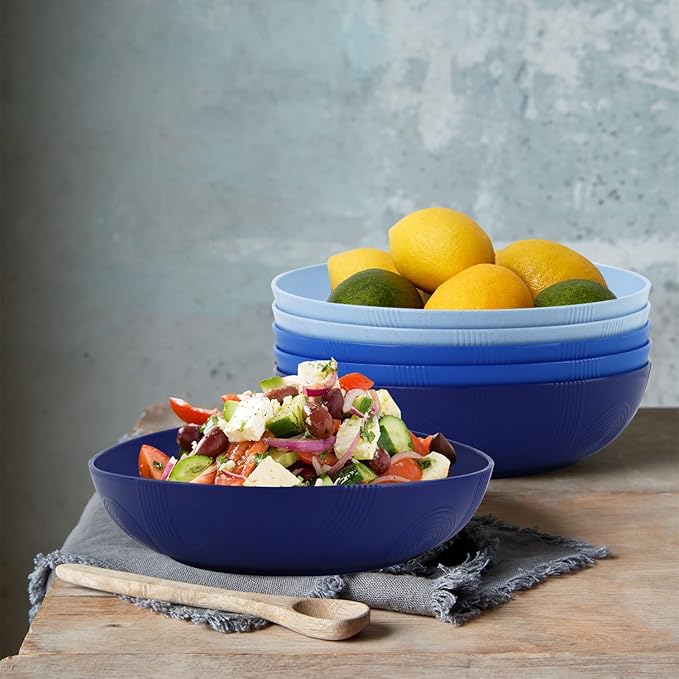 10inch Wheat Straw Big Bowls Set of 6 - Large Salad Bowls 65oz set of 6 - Unbreakable Serving Bowls Microwave & Dishwasher Safe for restaurant - Big Plastic Bowls for Cereal,Salad - Ocean Series