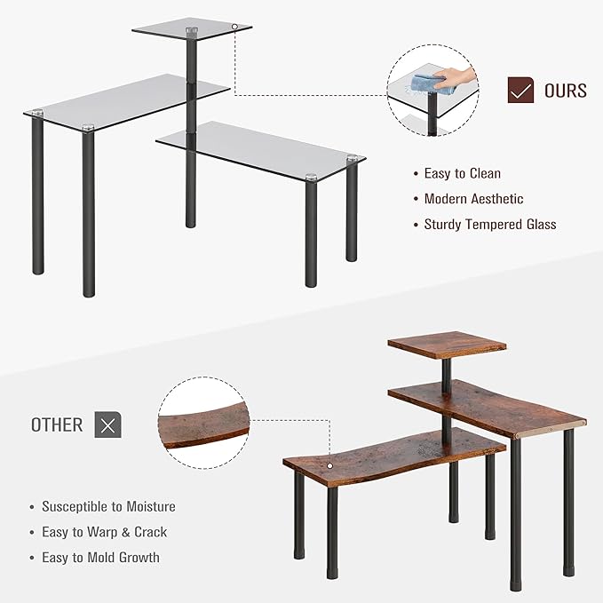 FAVOOSTY Kitchen Counter Shelf, 3 Tier Bathroom Countertop Organizer Moveable Corner Shelf, Tempered Glass Storage Shelf, Space Saving Makeup Organizer Spice Rack Plant Shelf Coffee Bar Dresser Table