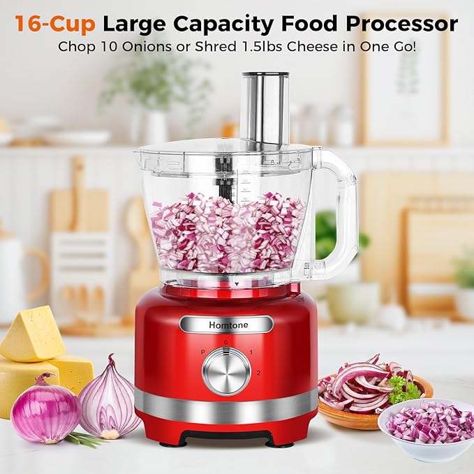Homtone 16 Cup Food Processor Large, 9 Functions 7 Blades 3 Speeds for Shredding, Slicing, Making French Fries, Chopping Meat, Kneading Dough & Emulsifying, 600W, Red